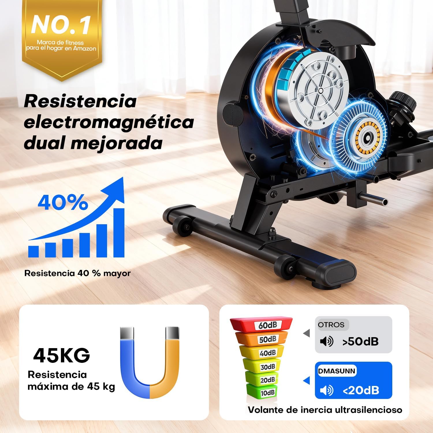 Rameur Musculation d'Appartement, Rameur à Double Rails, App et Écran LED