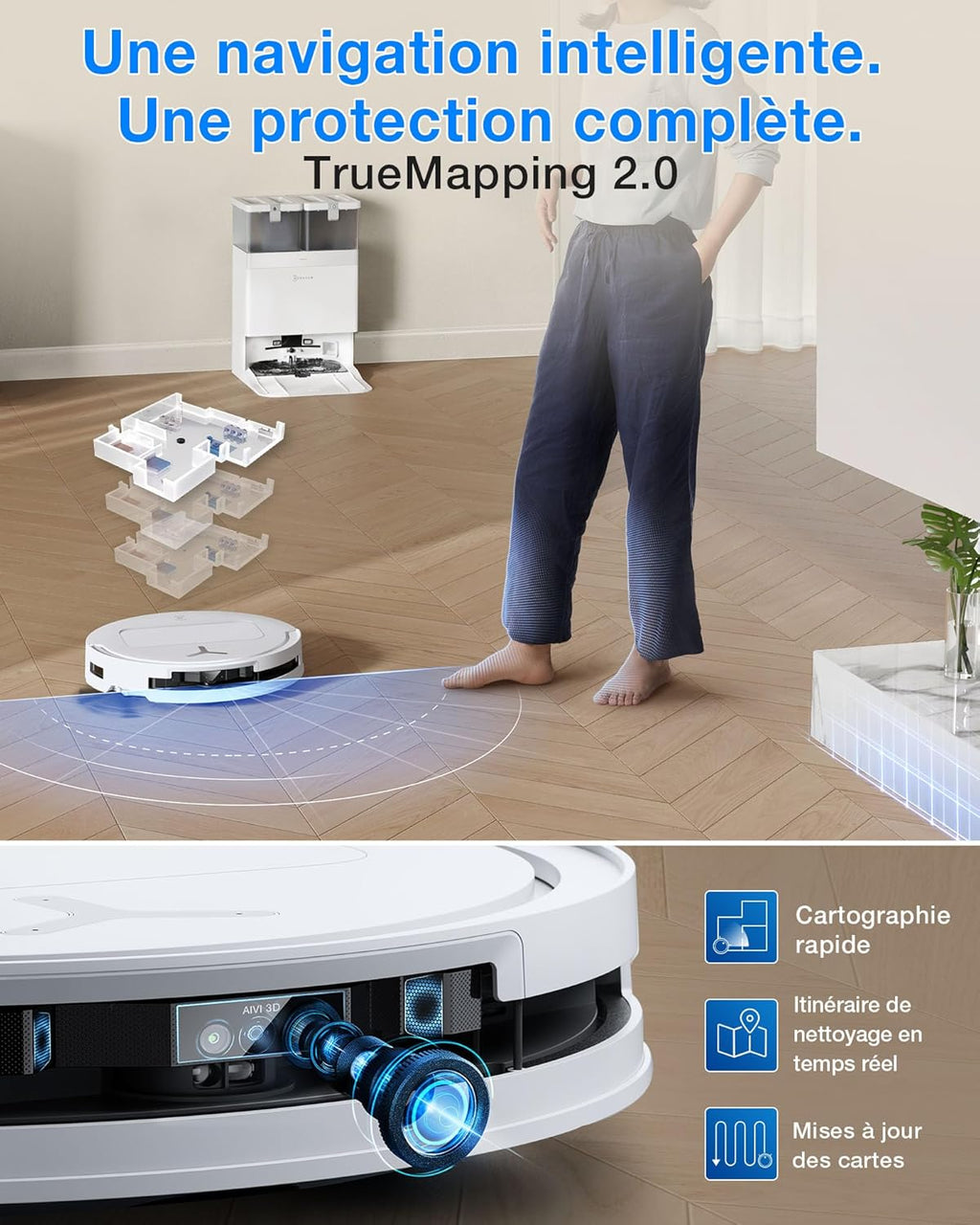 DEEBOT T50 Omni Gen3 Aspirateur Robot Laveur, 25 000 Pa, Brosse/Patin Extensibles