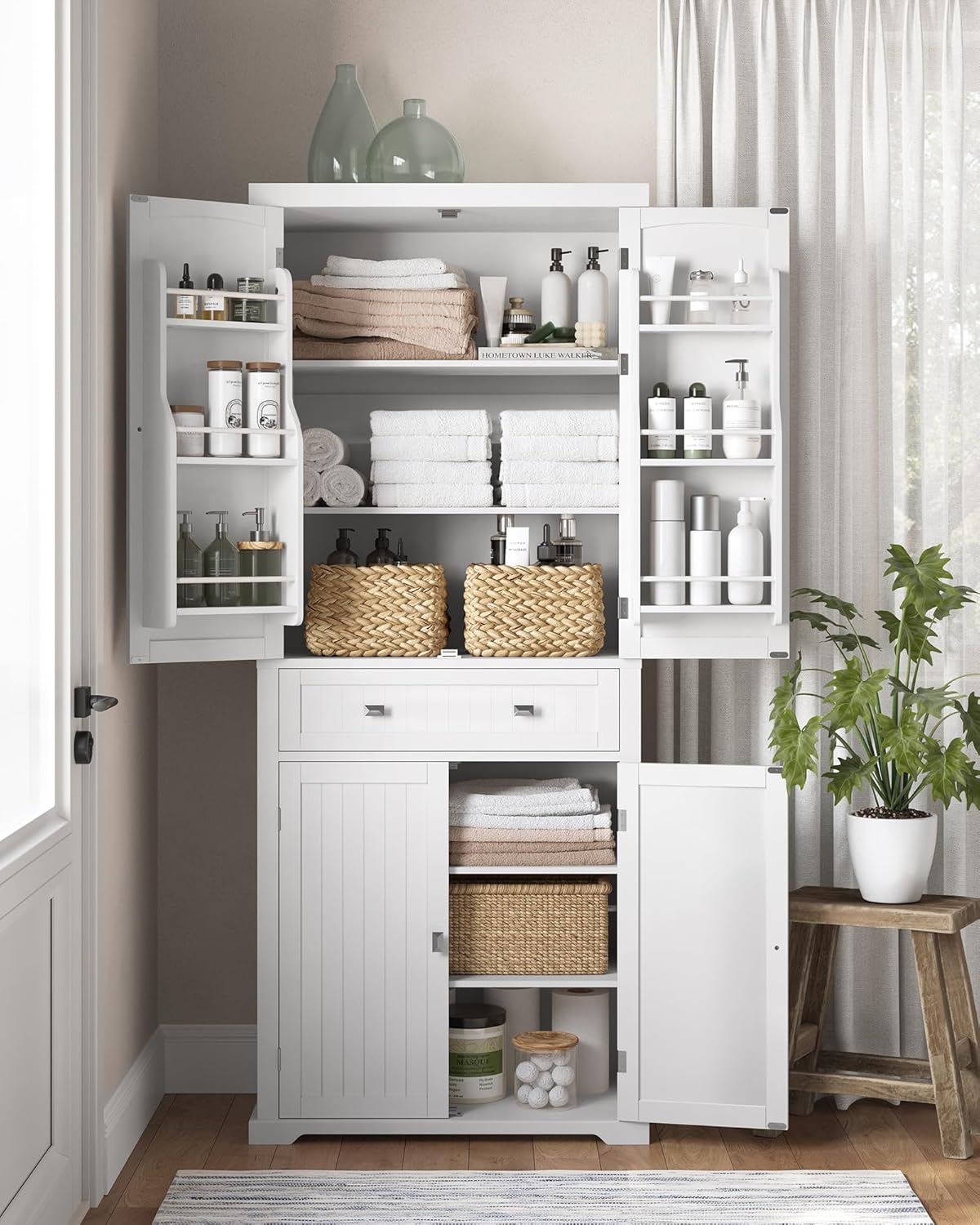 Buffet Haut Cuisine, Meuble de Rangement, avec Tiroir, Placards, Étagères Réglables, Blanc BBC561W21