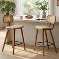 Tabourets de bar en rotin et bois - ensemble de deux pièces, avec coussins en cuir PU, beige