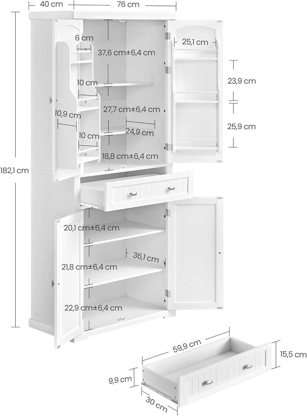 Buffet Haut Cuisine, Meuble de Rangement, avec Tiroir, Placards, Étagères Réglables, Blanc BBC561W21
