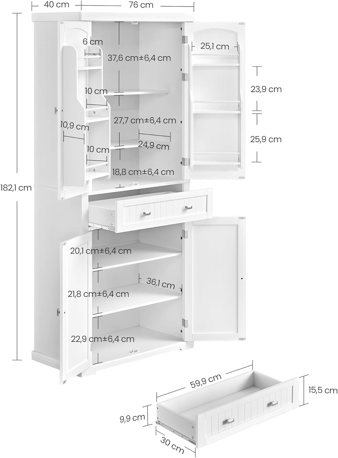 Buffet Haut Cuisine, Meuble de Rangement, avec Tiroir, Placards, Étagères Réglables, Blanc BBC561W21