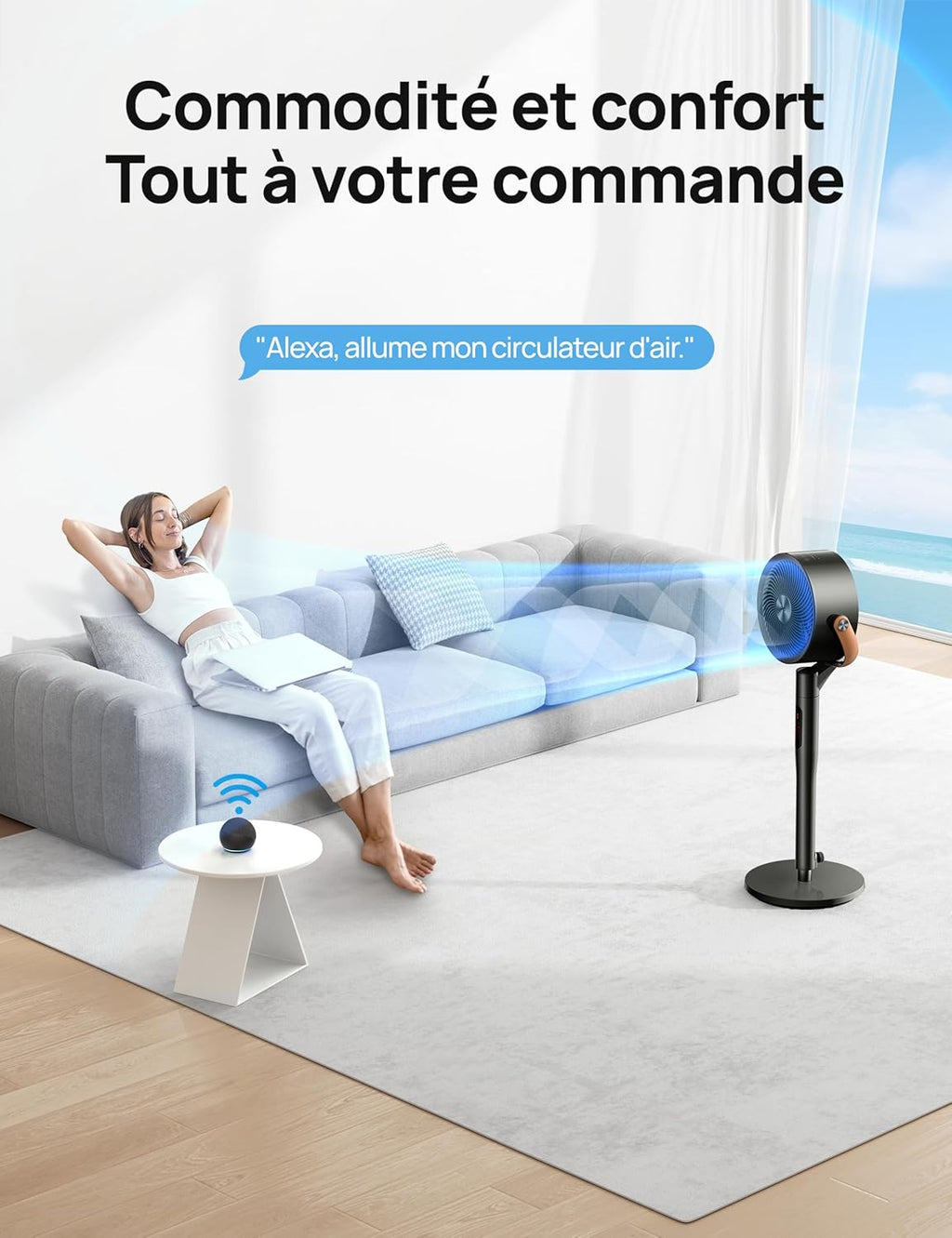 Smart Ventilateur sur Pied 25dB Silencieux, avec Télécommande, 6 Modes, 8 Vitesses, Compatible avec Alexa