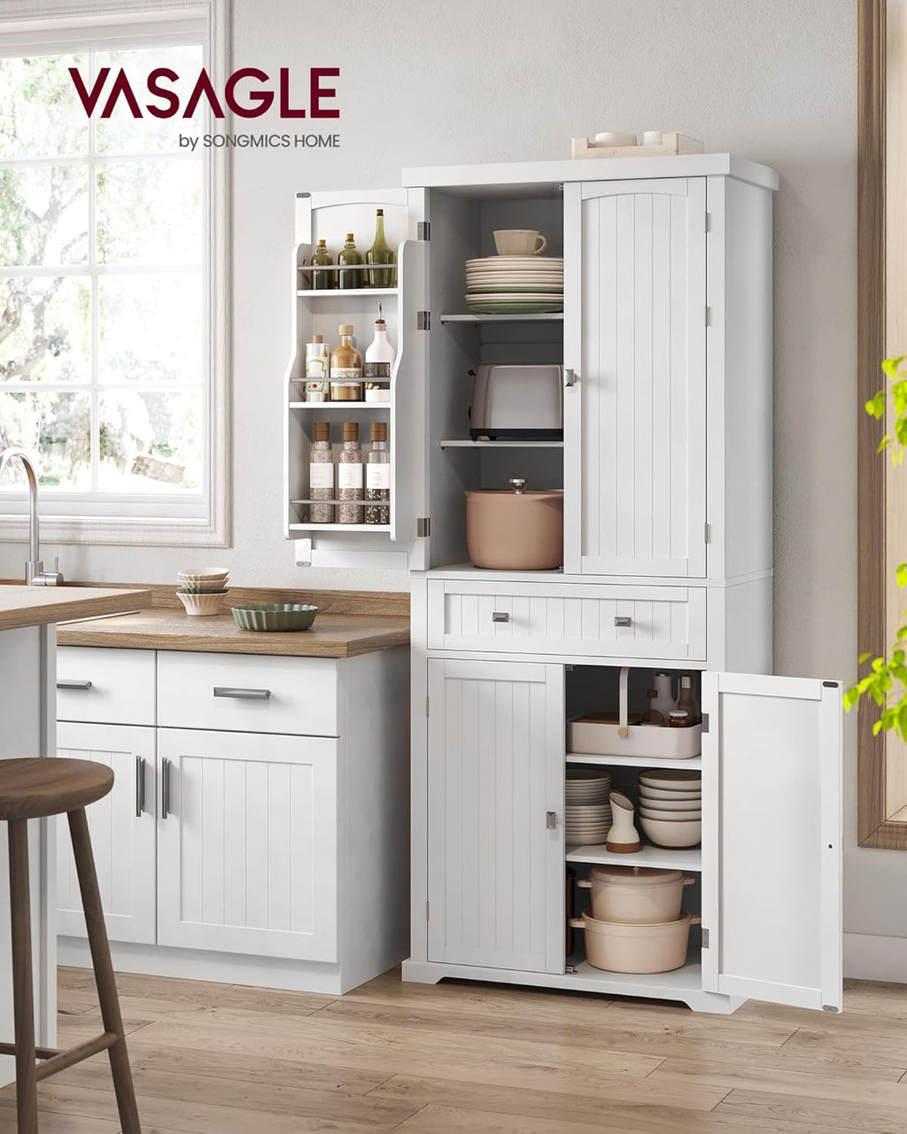 Buffet Haut Cuisine, Meuble de Rangement, avec Tiroir, Placards, Étagères Réglables, Blanc BBC561W21
