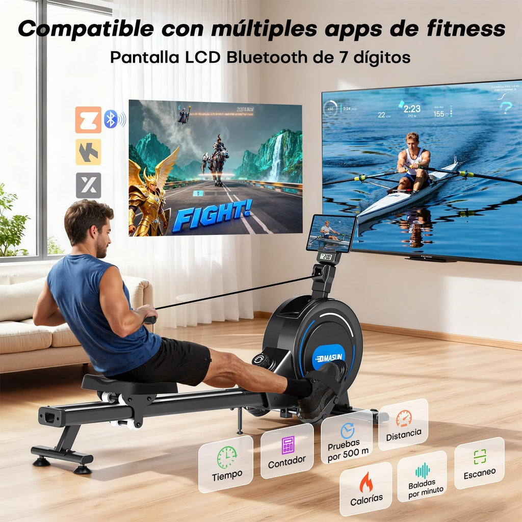 Rameur Musculation d'Appartement, Rameur à Double Rails, App et Écran LED