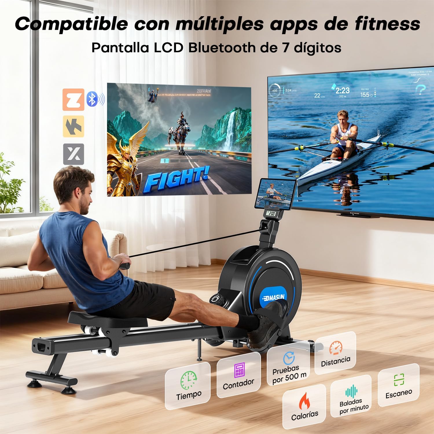 Rameur Musculation d'Appartement, Rameur à Double Rails, App et Écran LED