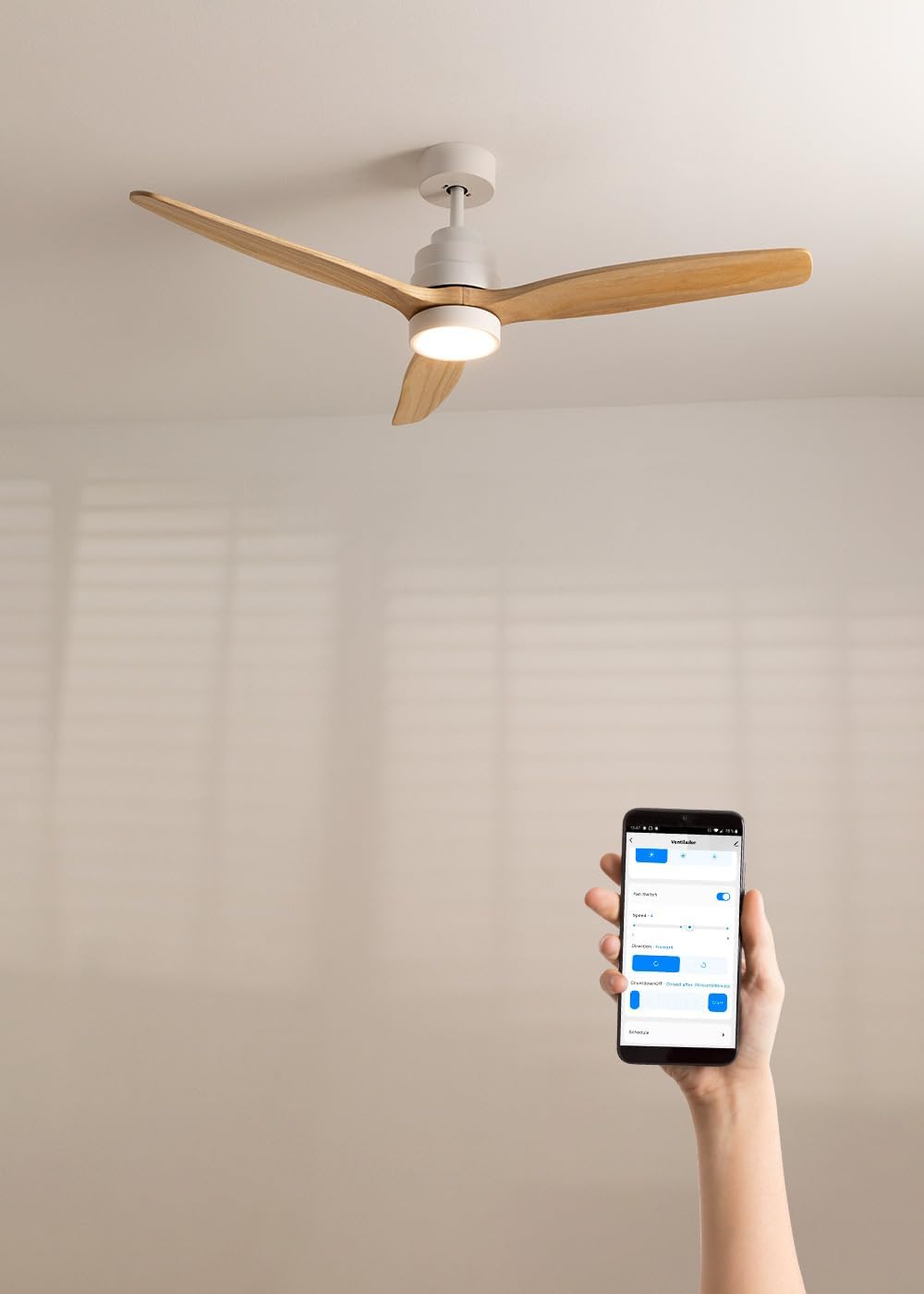 WINDSTYLANCE NATURAL WOOD, Ventilateur de plafond avec lumière, Wifi et télécommande, 6 vitesses