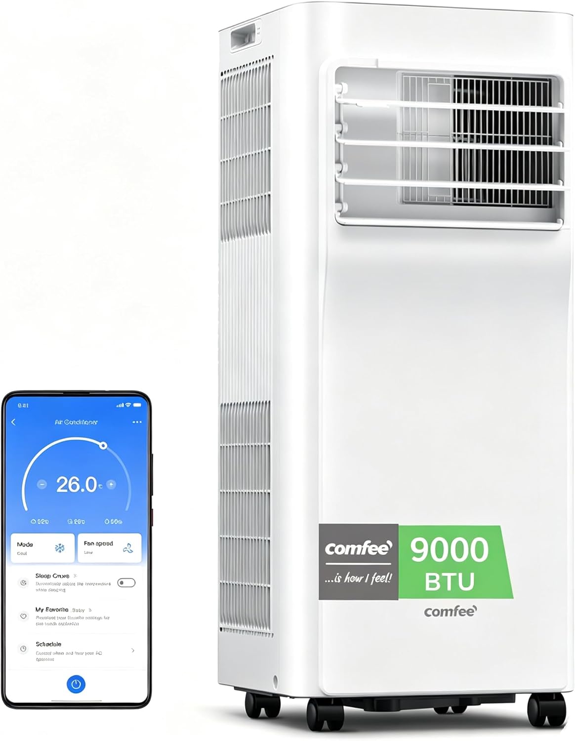 Climatiseur Mobile 9000 BTU/h 2,6kW, Contrôle APP, 3 Modes, 3 Vitesses de ventilation