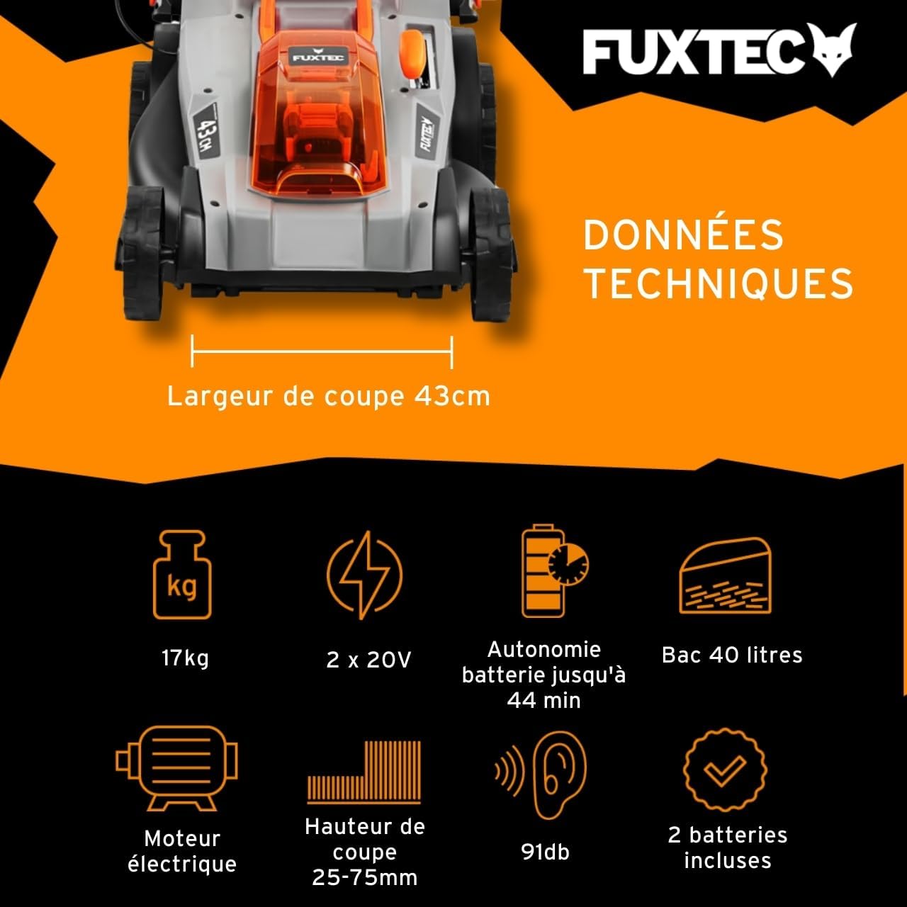 Tondeuse à Gazon sans Fil 40V (2x20V) E2RM43 Set Batteries et Chargeur - Hauteur De Coupe Variable