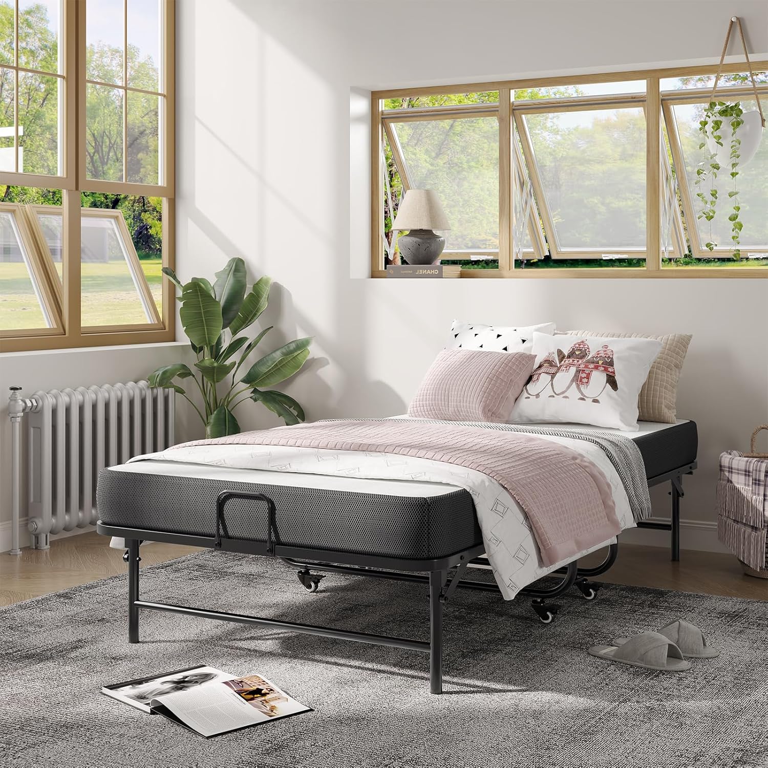 Lit Pliant 1 Personne 90x200 cm avec Matelas et 4 roulettes, Noir