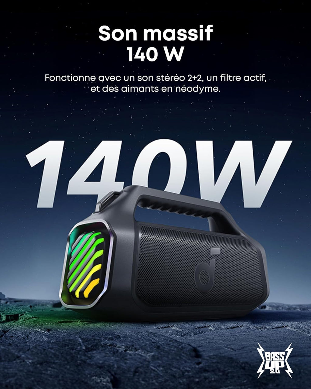 Boom 2 Plus Enceinte Bluetooth puissante, 140W, 2+2 canaux stéréo, BassUp 2.0, IPX7