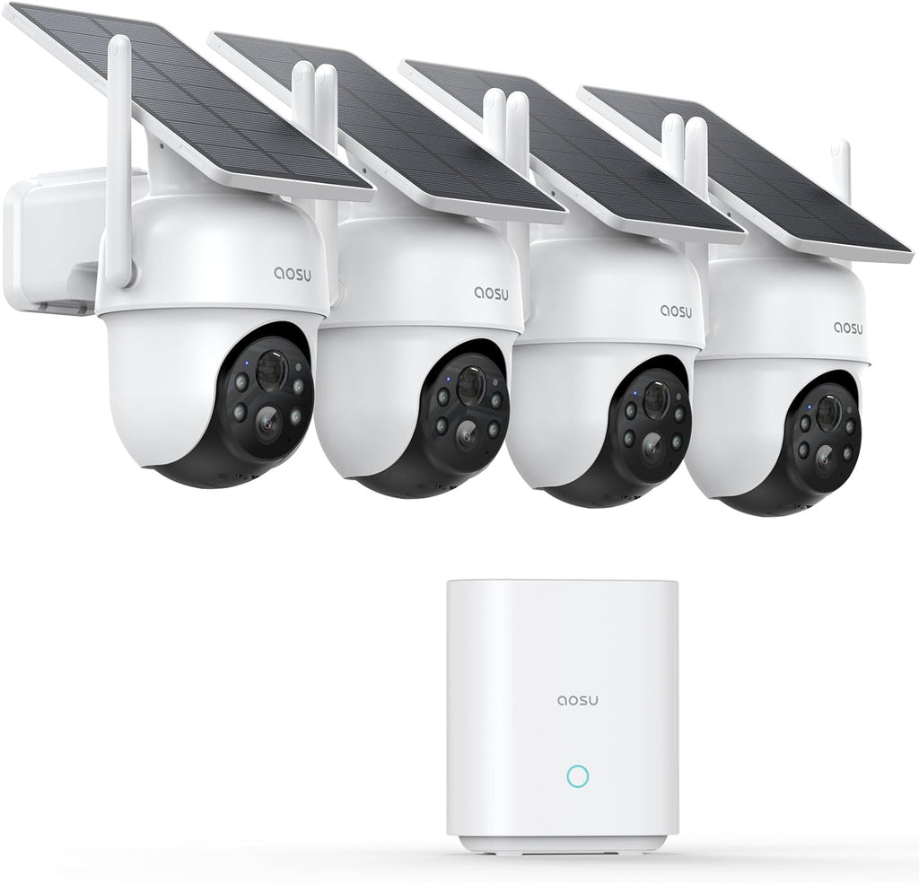 2K Camera Surveillance WiFi Exterieure Sans Fil Solaire, Kit de 4 Caméras & aosuBase