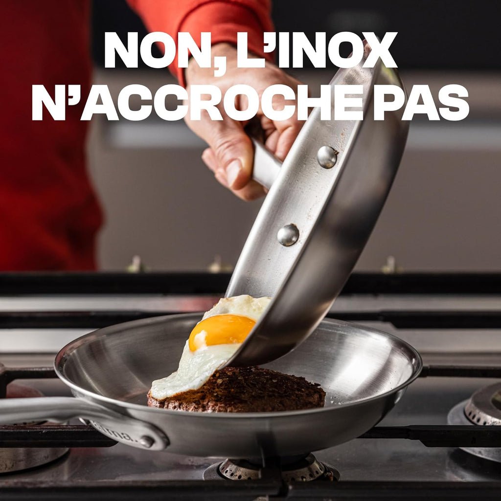 Set de 3 Poêles Inox Triple Couche - Poêles Induction - Sans PFAS ni Revêtement Chimique