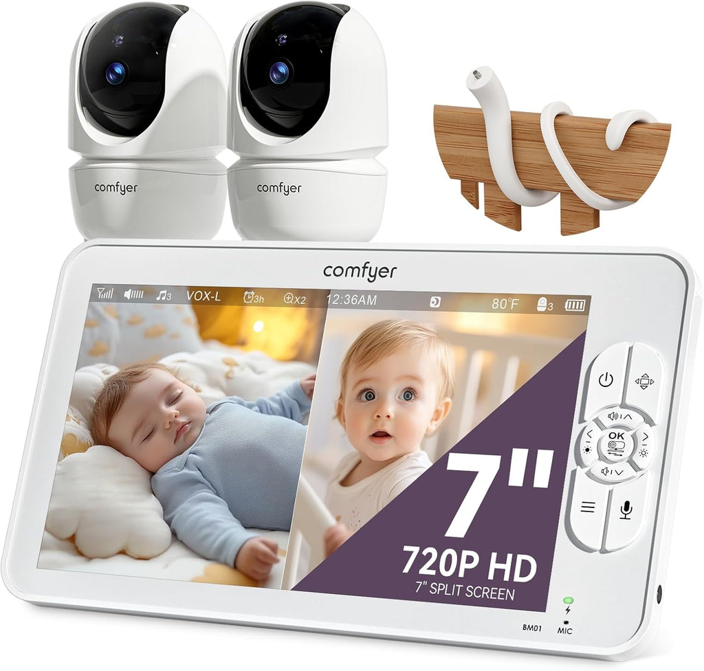 BM01 Babyphone - 2 Caméras 1080P, 7″ Écran Divisé, Moniteur Bébé sans WiFi, PTZ à Distance