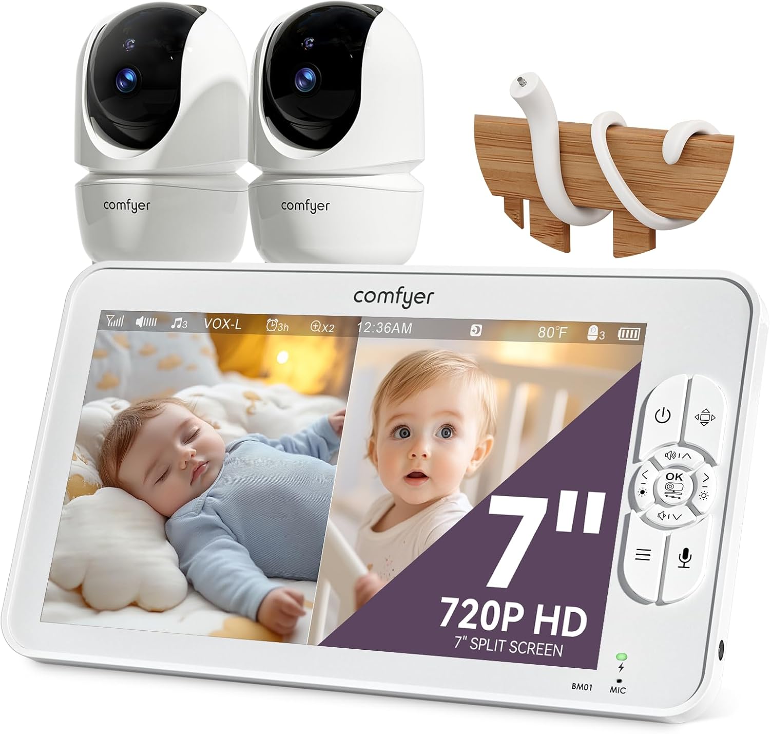 BM01 Babyphone - 2 Caméras 1080P, 7″ Écran Divisé, Moniteur Bébé sans WiFi, PTZ à Distance