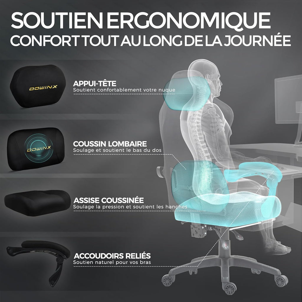 Chaise Gaming Ergonomique avec Coussin Lombaire Réglable, Repose-Pieds Rétractable, Accoudoirs Réglables