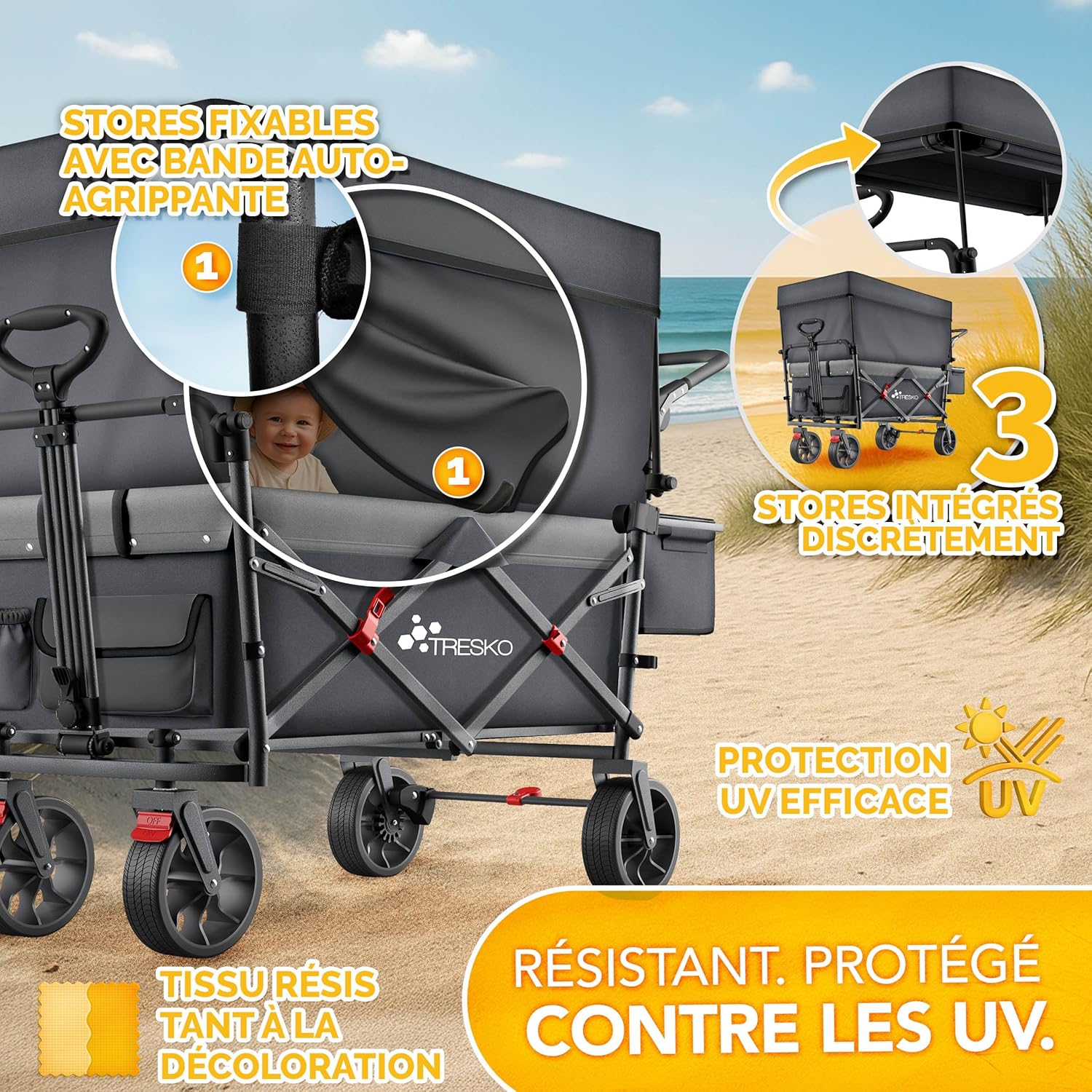 Chariot de transport pliable avec toit, compartiment isotherme et stores latéraux