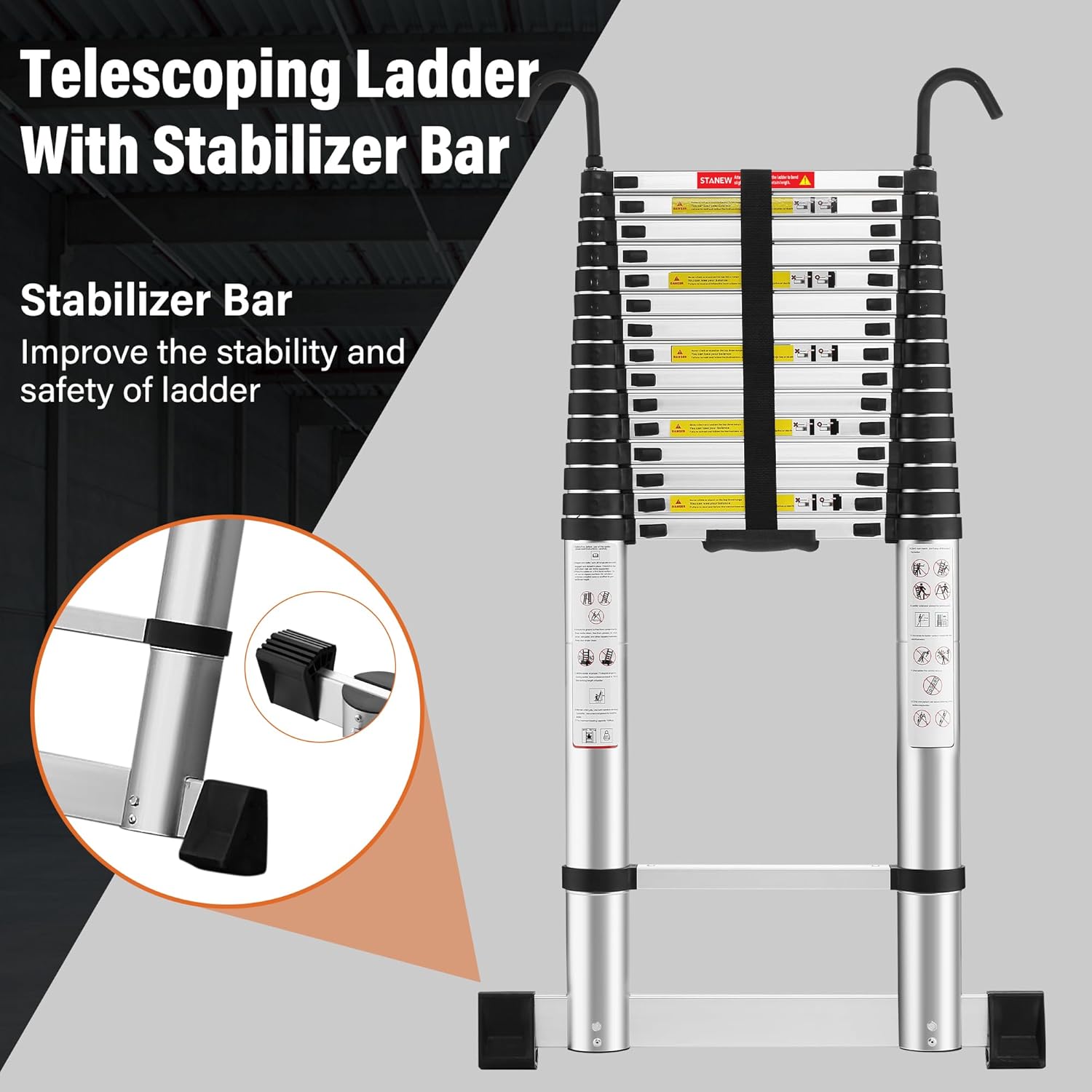 Échelle Télescopique Pliable en Aluminium 6.2 M, avec Barre Stabilisatrice et Crochet Amovible