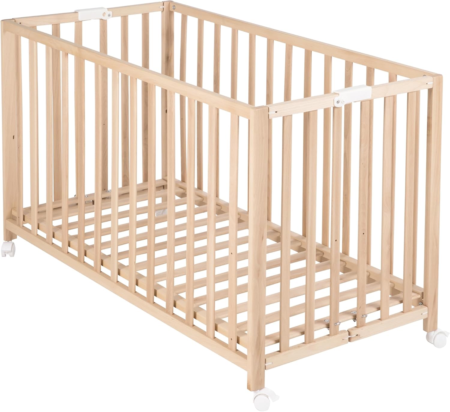 Lit Bébé Pliant en Hêtre "Fold Up" 60x120 cm - avec Roulettes à Freins - Naturel