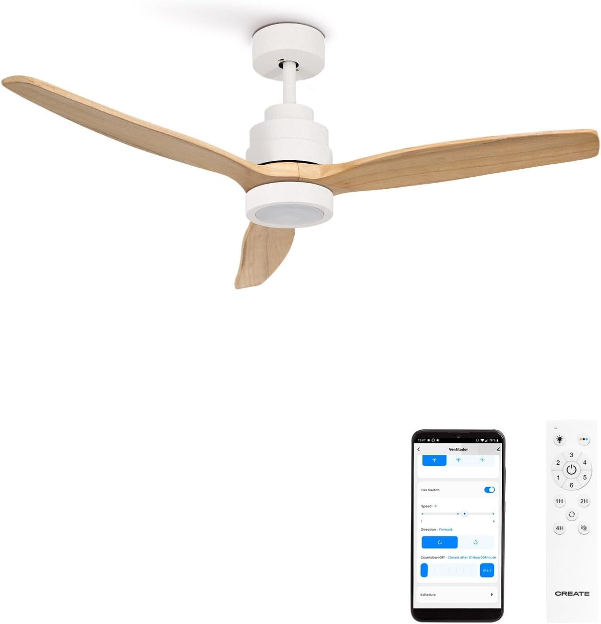 WINDSTYLANCE NATURAL WOOD, Ventilateur de plafond avec lumière, Wifi et télécommande, 6 vitesses