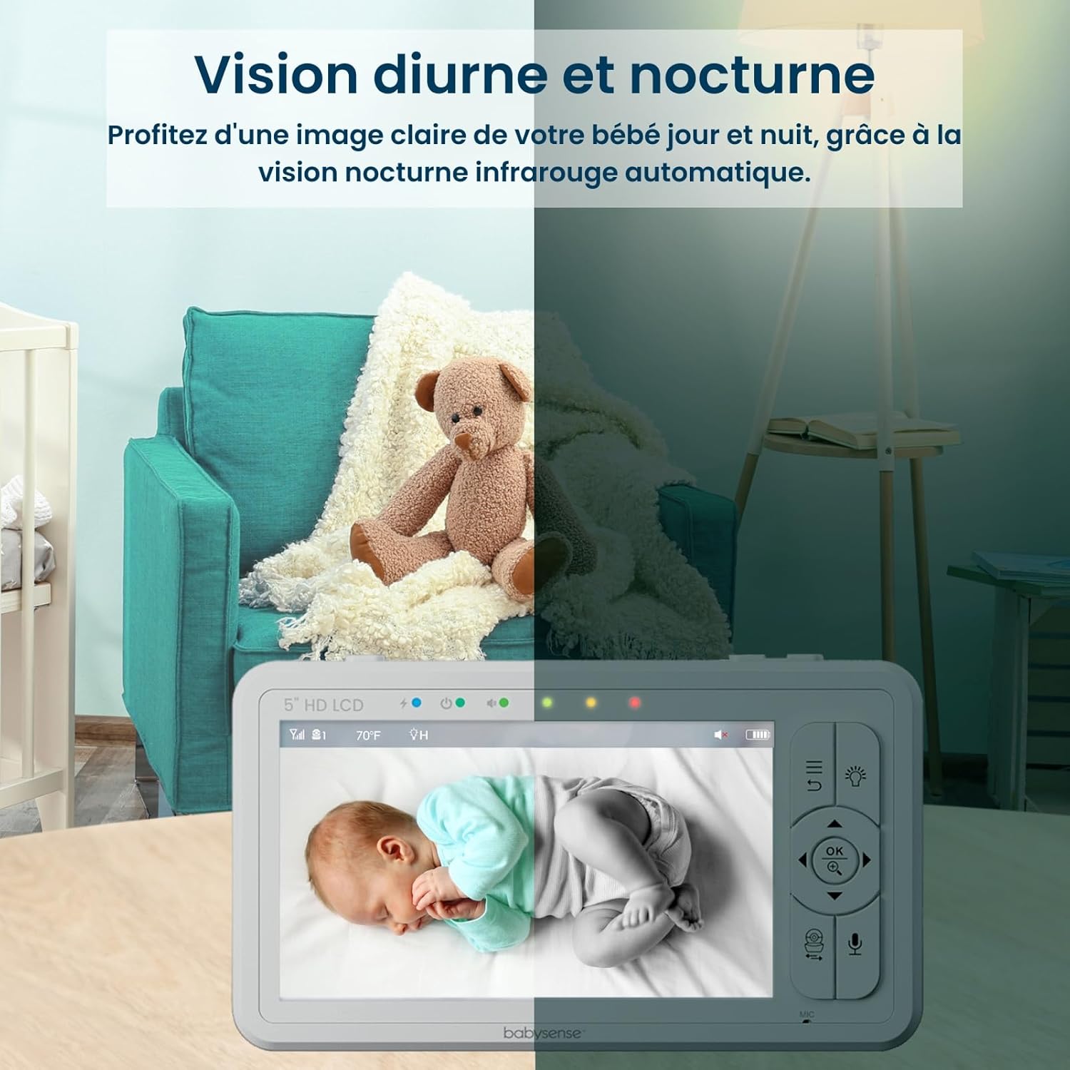 Moniteur HD Vidéo pour Bébé - Babyphone avec Écran Divisé 5“ et 2 Caméras 720p