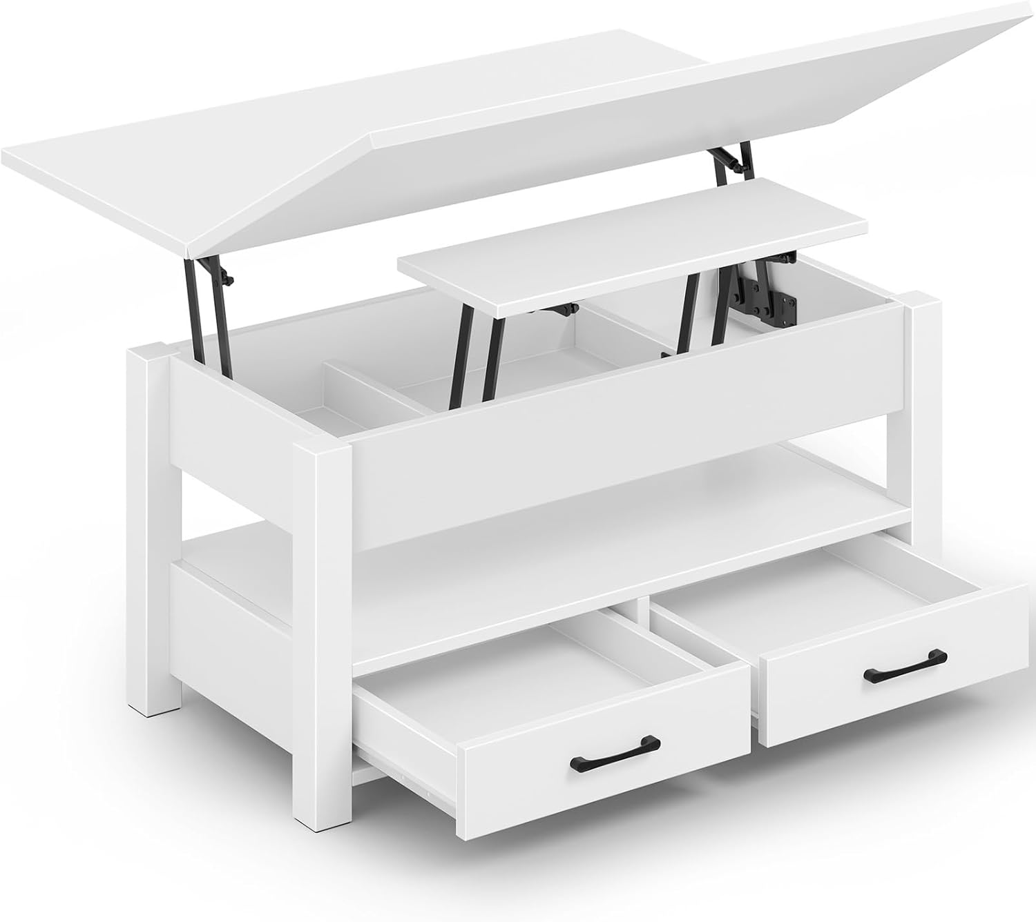 Table Basse Relevable et Extensible en Bois – avec Tiroir, Rangement Caché et Compartiment Ouvert