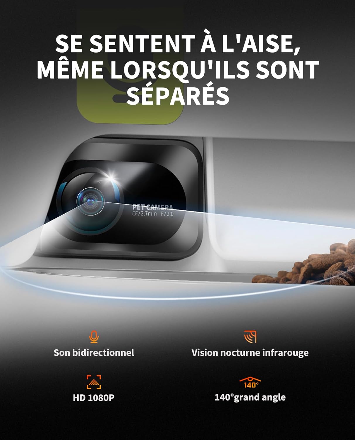 Distributeur automatique de nourriture pour chats avec caméra HD 1080p et connectivité WiFi