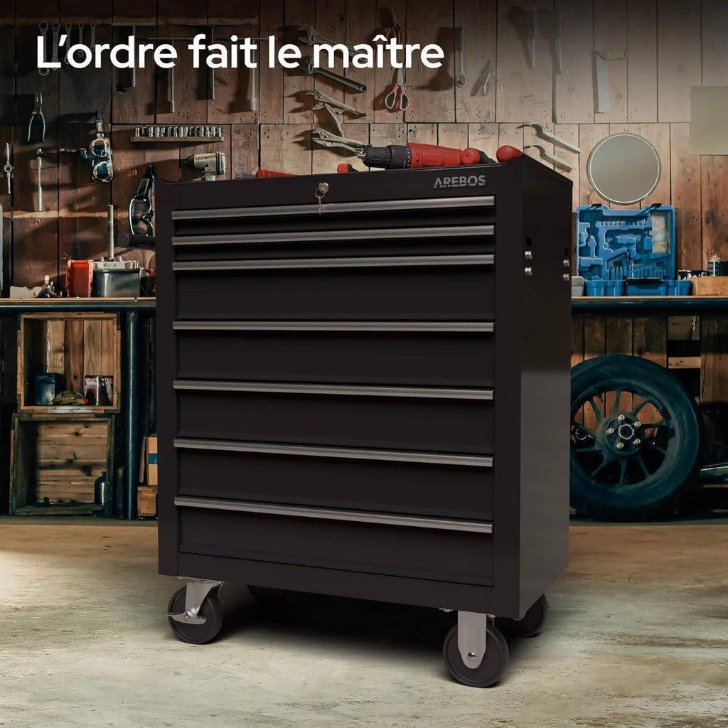 Chariot d'atelier - 7 Tiroirs Verrouillable, 4 roulettes, Tapis antidérapants