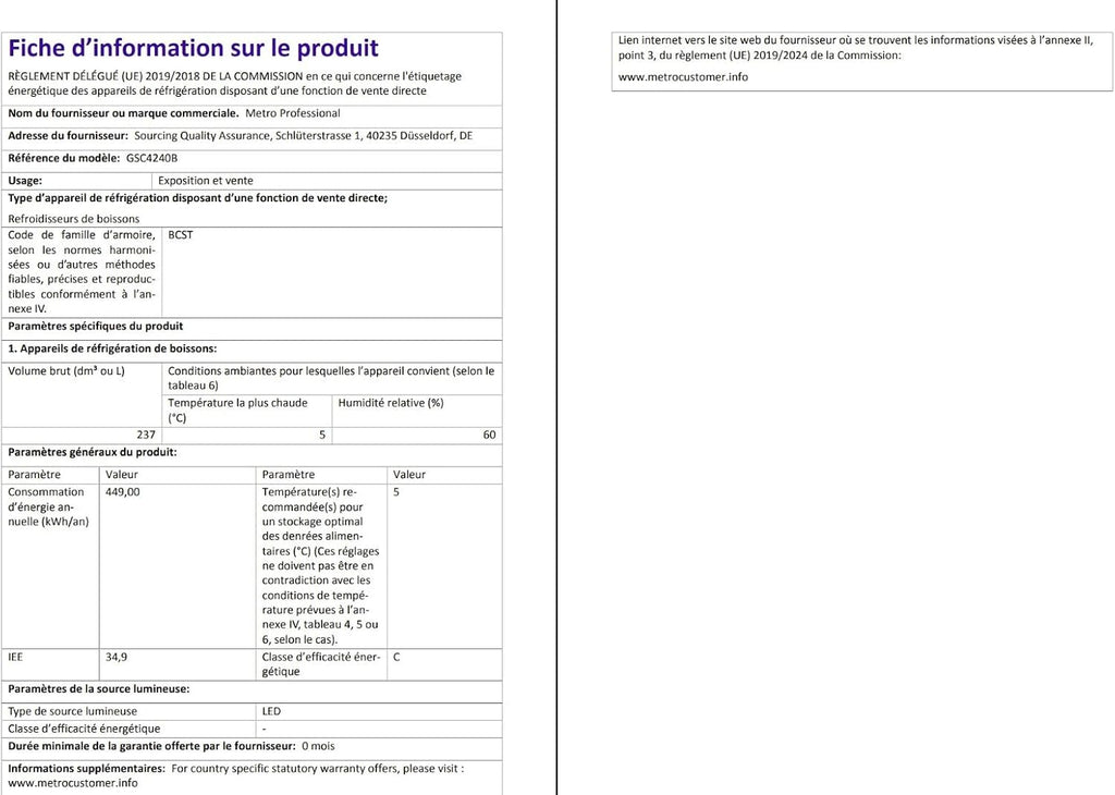 Professional Réfrigérateur à Boissons GSC4240B, Métal/Verre, 237 L, Refroidissement Statique, avec Serrure