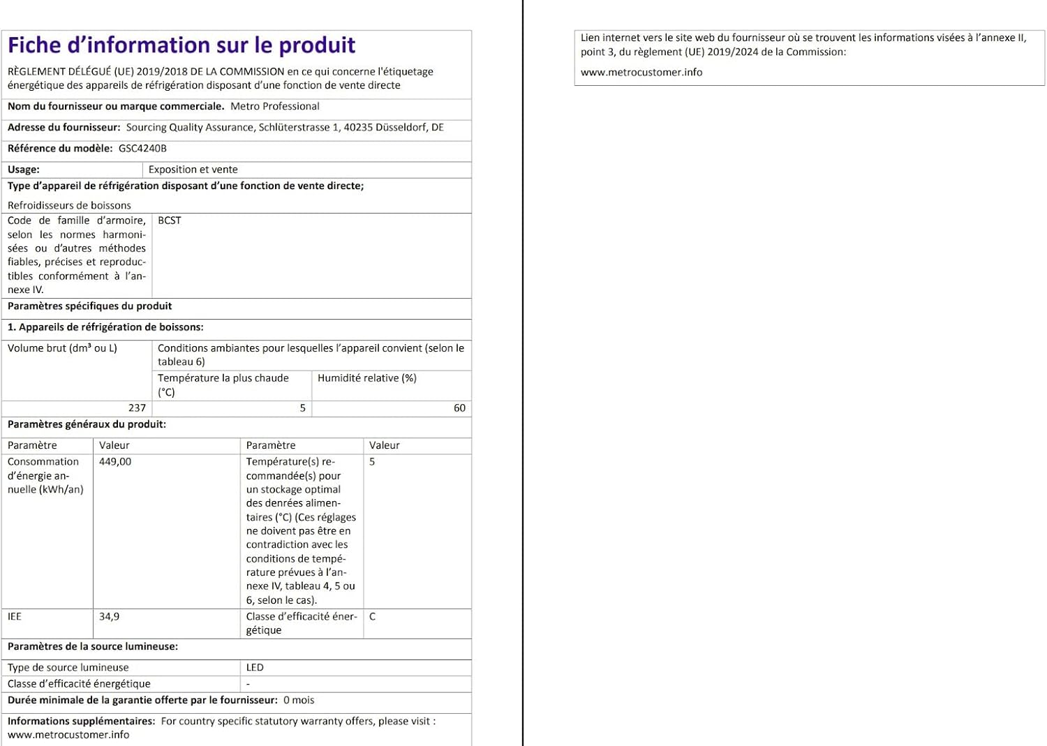 Professional Réfrigérateur à Boissons GSC4240B, Métal/Verre, 237 L, Refroidissement Statique, avec Serrure