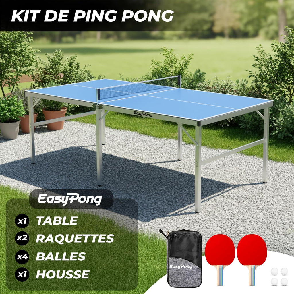 Table de Ping Pong Bleu, 182x91cm, Facile à Transporter, 2 Raquettes + 4 Balles