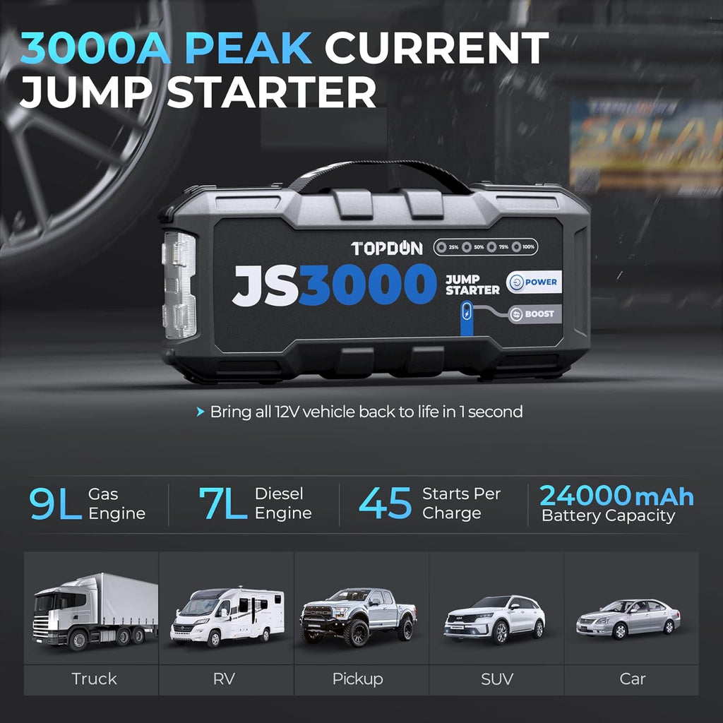 JS3000 Demarreur Batterie Voiture 3000A/24000mAh Jump Starter Moteurs, Lampe Poche LED intégrée