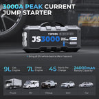 JS3000 Demarreur Batterie Voiture 3000A/24000mAh Jump Starter Moteurs, Lampe Poche LED intégrée
