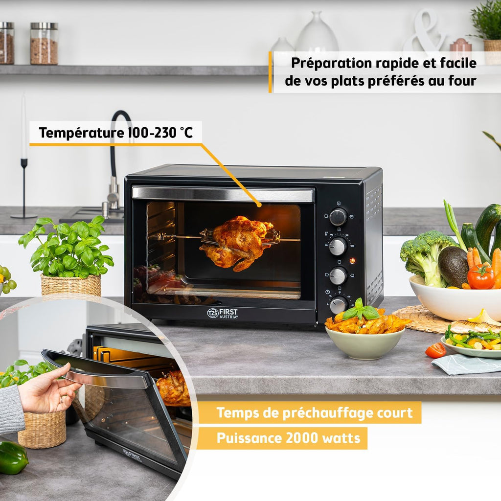 First Austria - Mini-Four 45L 2000W - Avec 4 hauteurs d'insertion, plaque, grille & tournebroche rotatif
