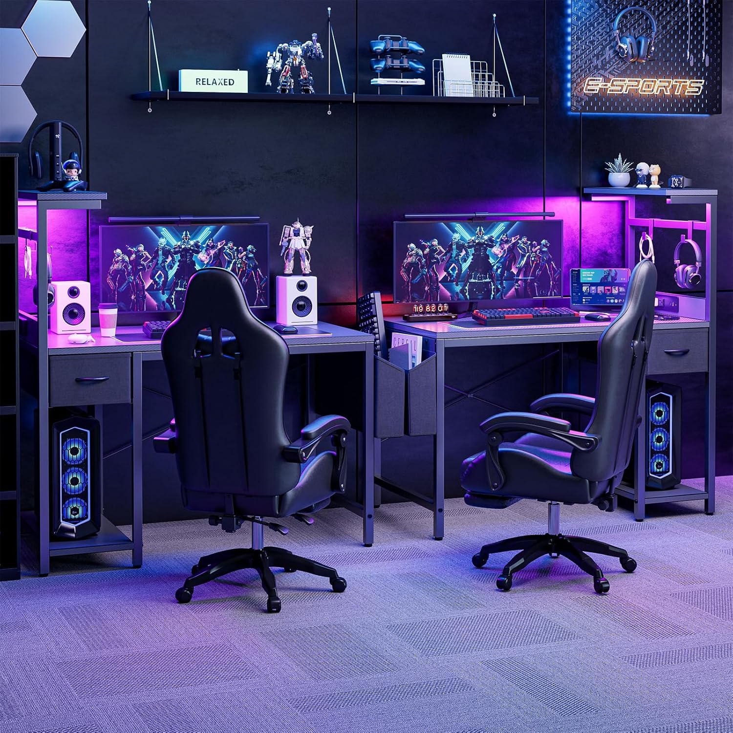 Grandder Bureau de gaming, Bureau de jeu de 120 cm avec prise de courant et éclairage LED