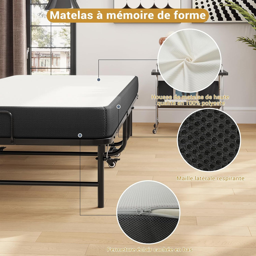 Lit Pliant 1 Personne 90x200 cm avec Matelas et 4 roulettes, Noir