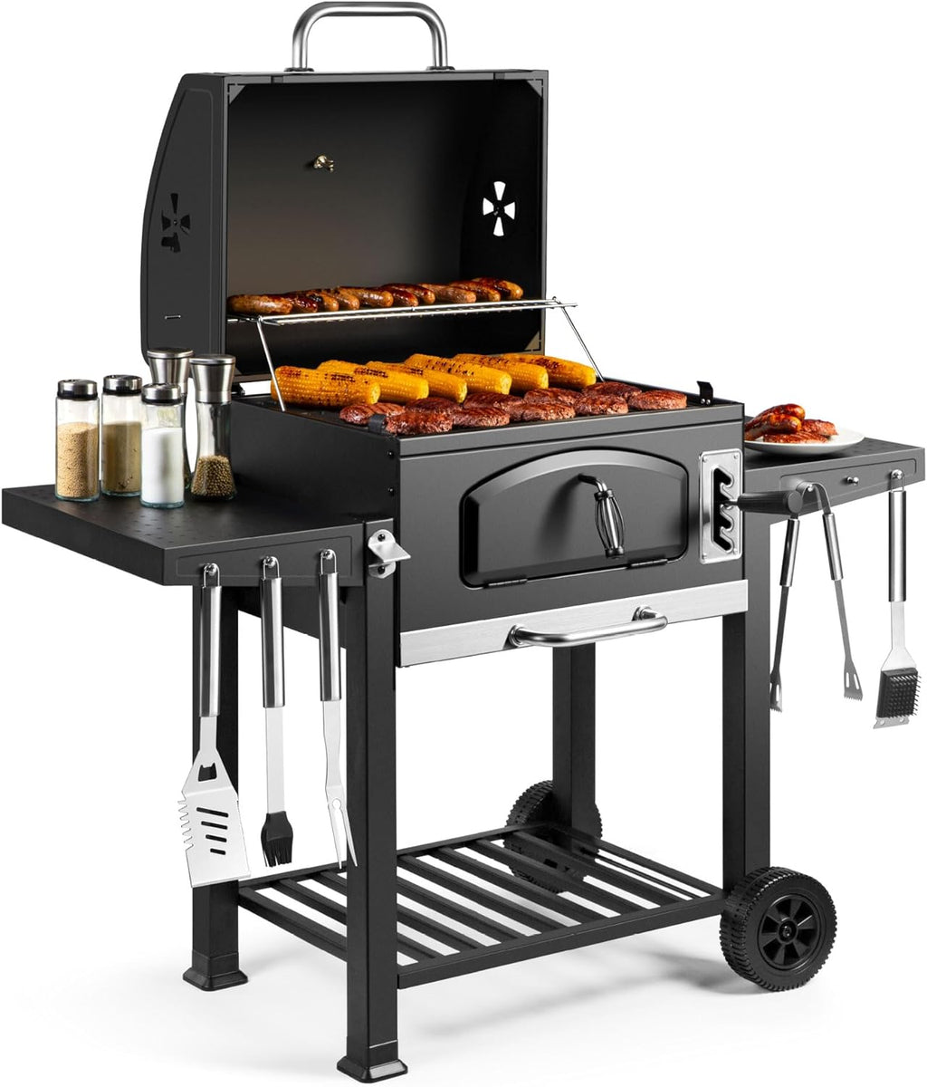 Barbecue au Charbon XL – avec Grille de Maintien au Chaud, Tablettes Rabattables, Thermomètre, Roues
