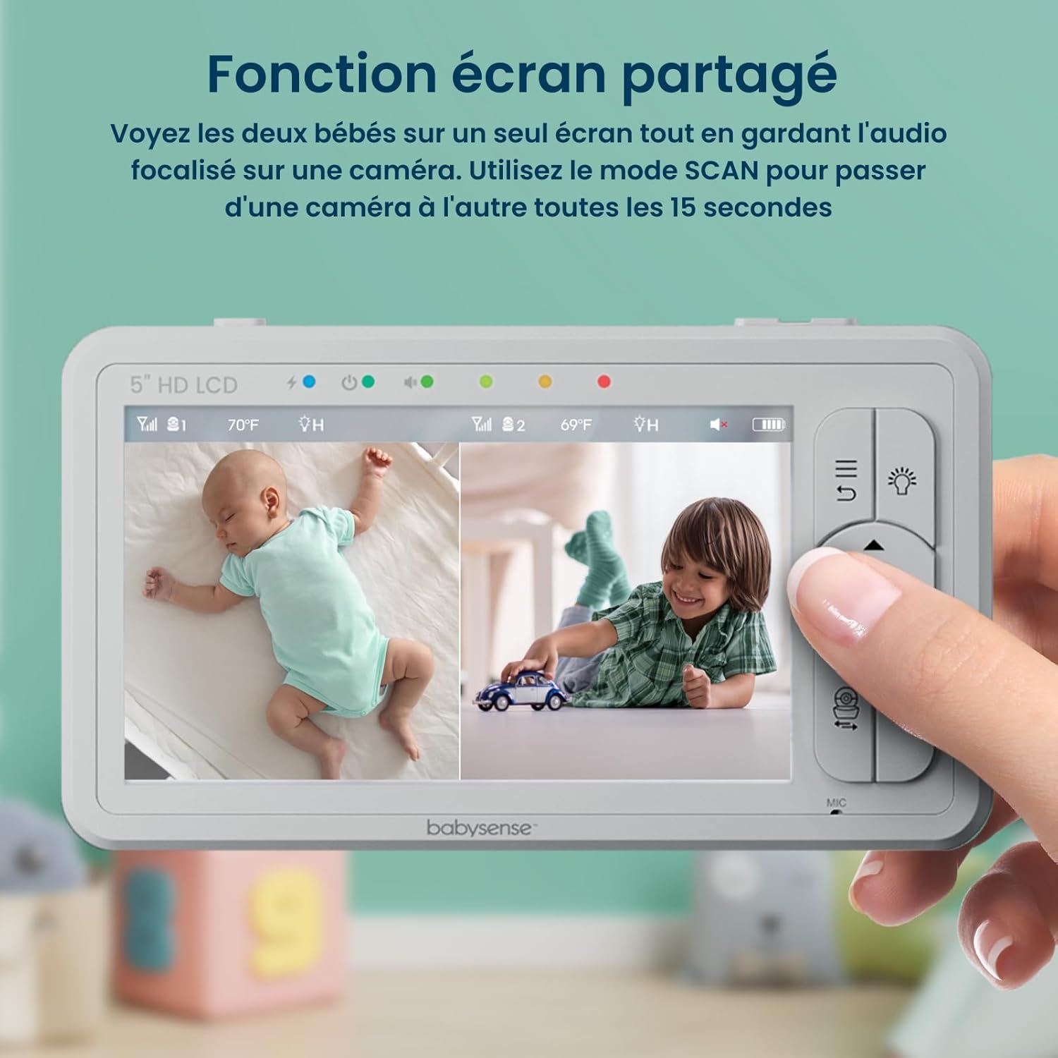 Moniteur HD Vidéo pour Bébé - Babyphone avec Écran Divisé 5“ et 2 Caméras 720p