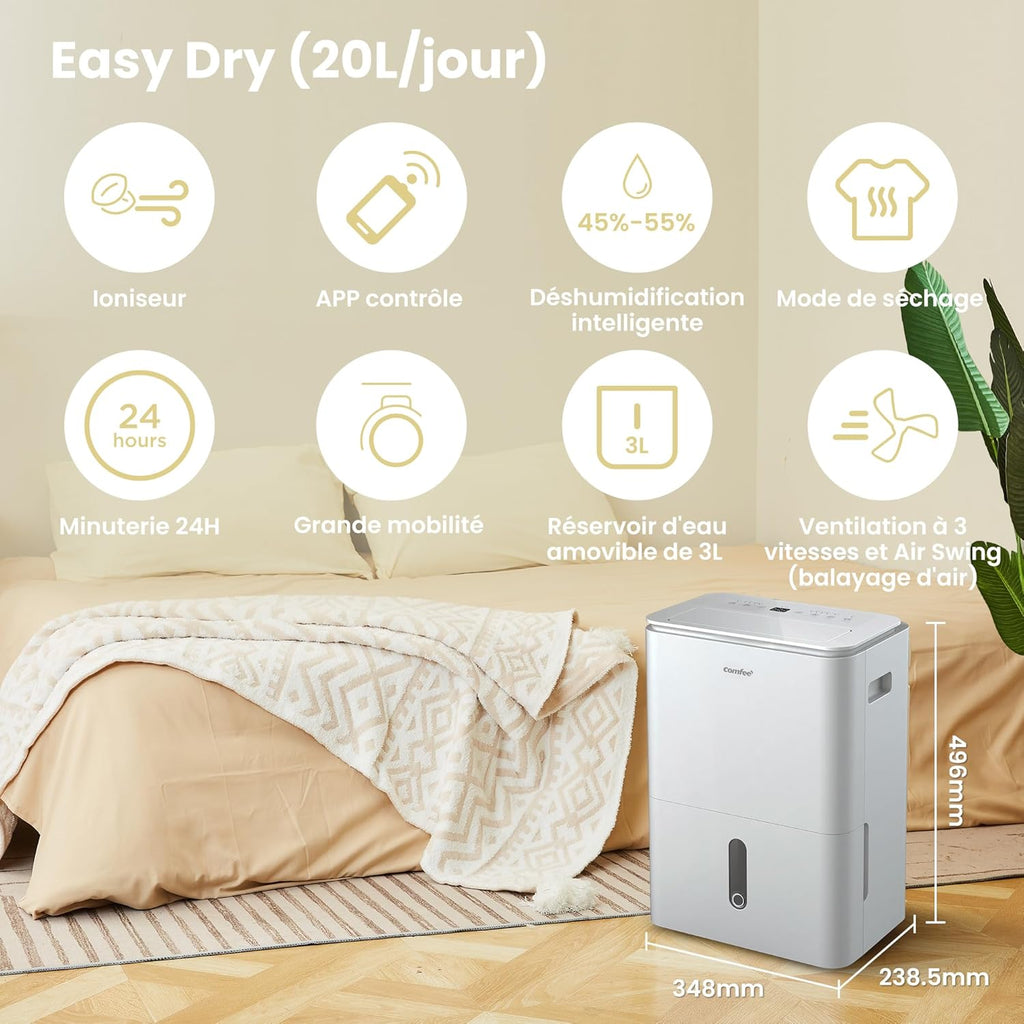 Déshumidificateur Easy Dry 20L/jour, 4 Modes, Deshumidificateur d'air Connecté, Réservoire 3L