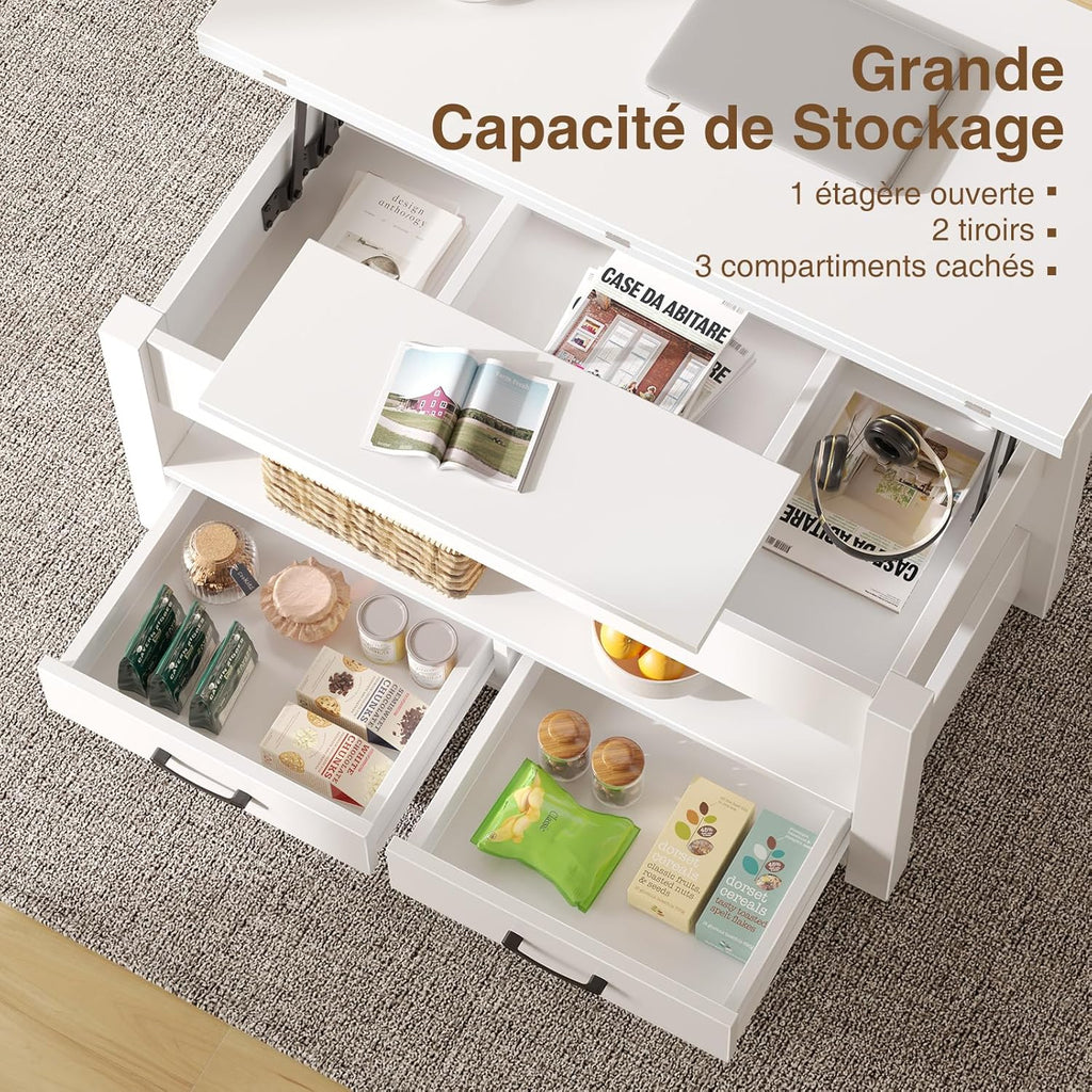 Table Basse Relevable et Extensible en Bois – avec Tiroir, Rangement Caché et Compartiment Ouvert