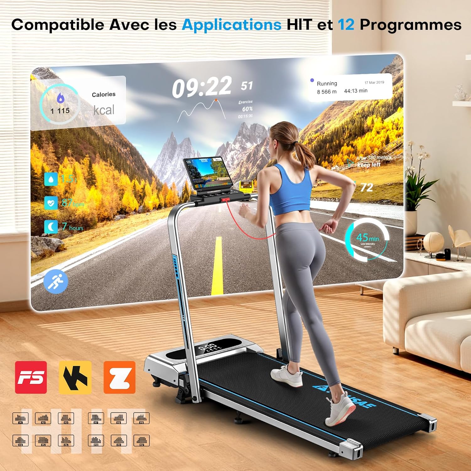 Tapis de Marche Pliable avec 12 Programmes HIIT Prédéfinis, Moteur Silencieux 2,75 CV, APP & Télécommande