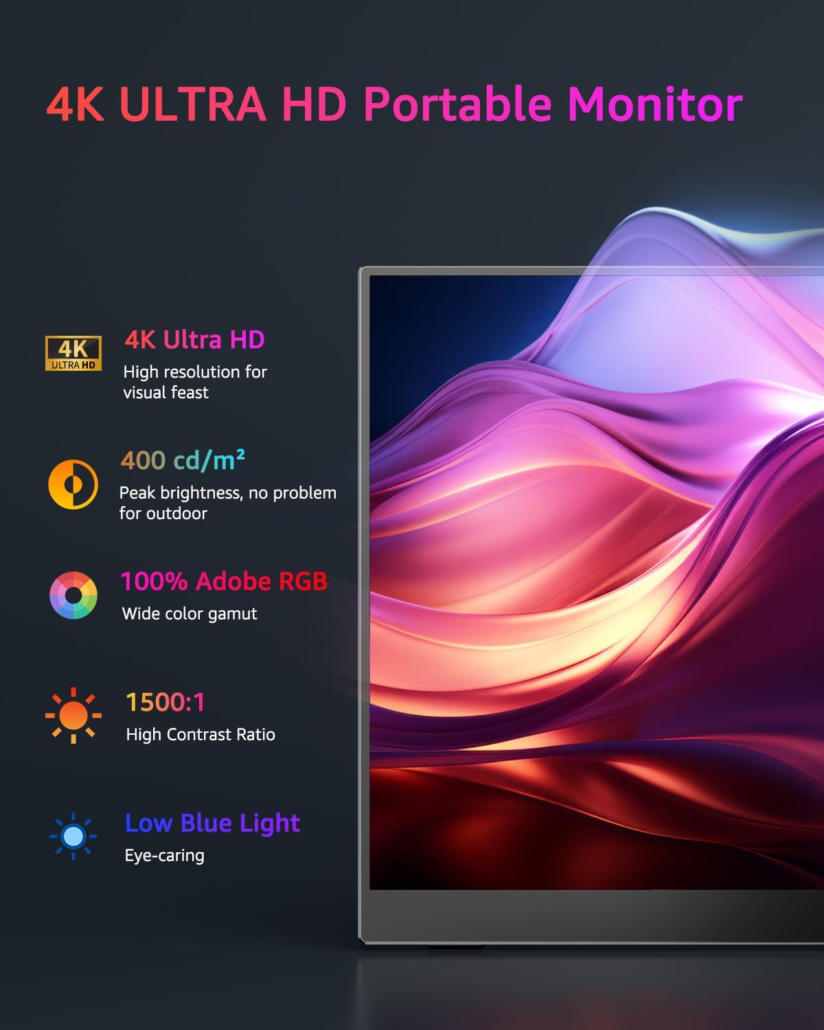 Moniteur Portable 15,6 Pouces 4K UHD Écran Moniotr Portable Écran IPS avec Type C, Mini HDMI