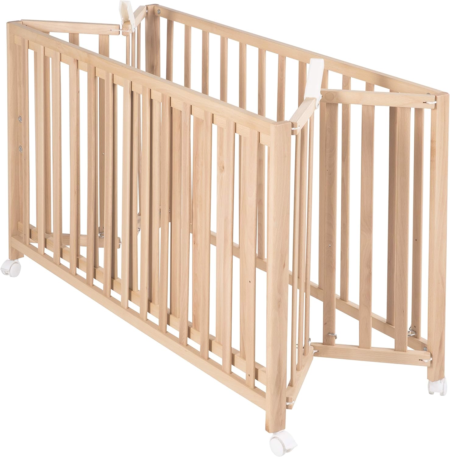 Lit Bébé Pliant en Hêtre "Fold Up" 60x120 cm - avec Roulettes à Freins - Naturel