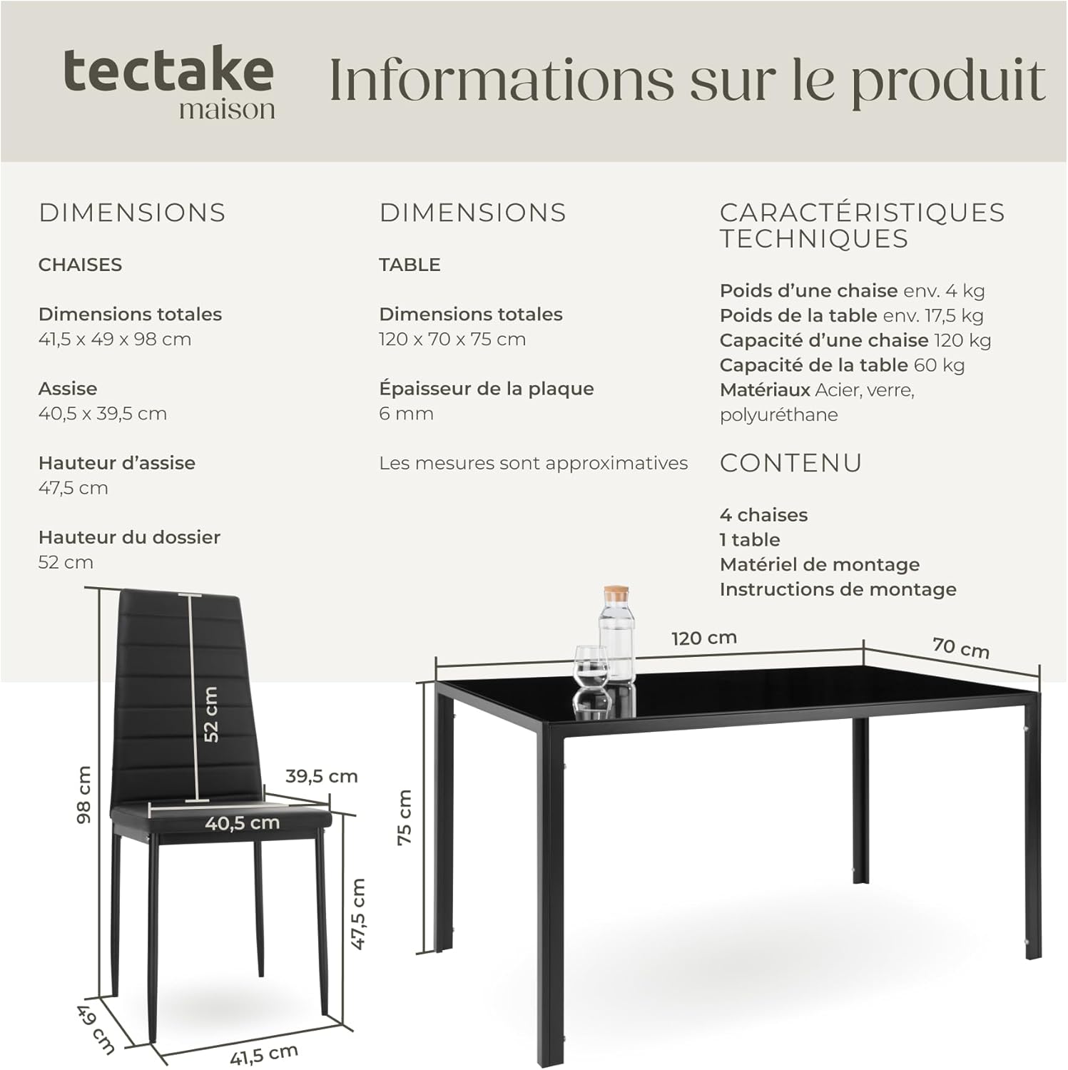 Ensemble Table Salle à Manger avec 4 Chaises Design - Noir