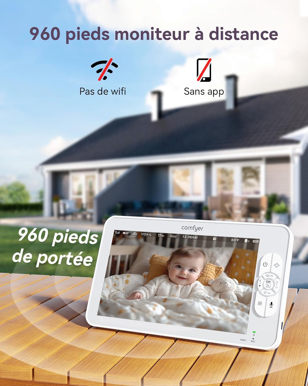 BM01 Babyphone - 2 Caméras 1080P, 7″ Écran Divisé, Moniteur Bébé sans WiFi, PTZ à Distance