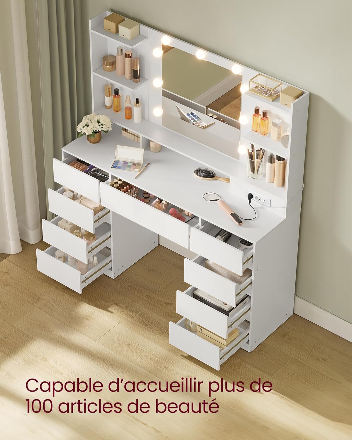 Kailyn Collection - Coiffeuse avec Miroir LED, Multiprise, 9 Tiroirs, RDT141WB02