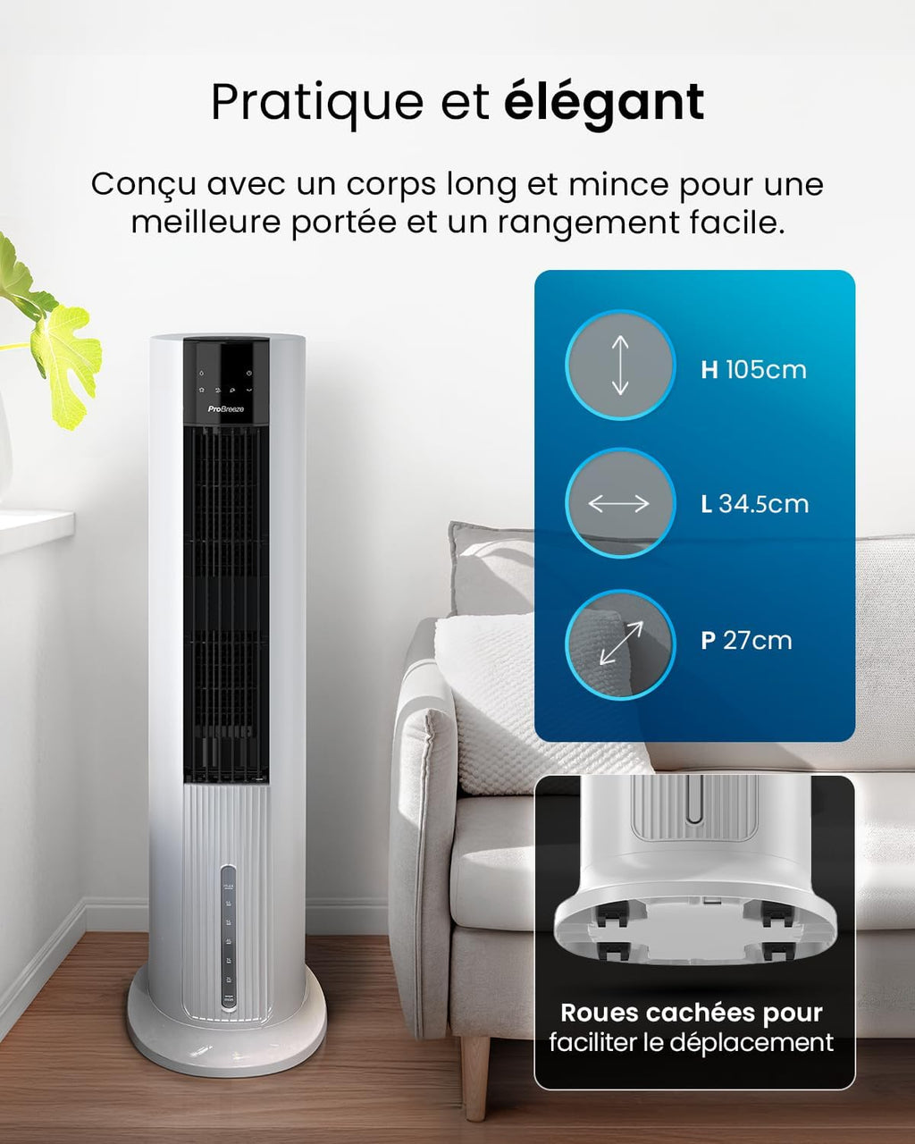 OmniAir Rafraichisseur d’Air 7L 3en1, 7 Vitesses, 3 Modes, Oscillant, Silencieux, Sans Conduit