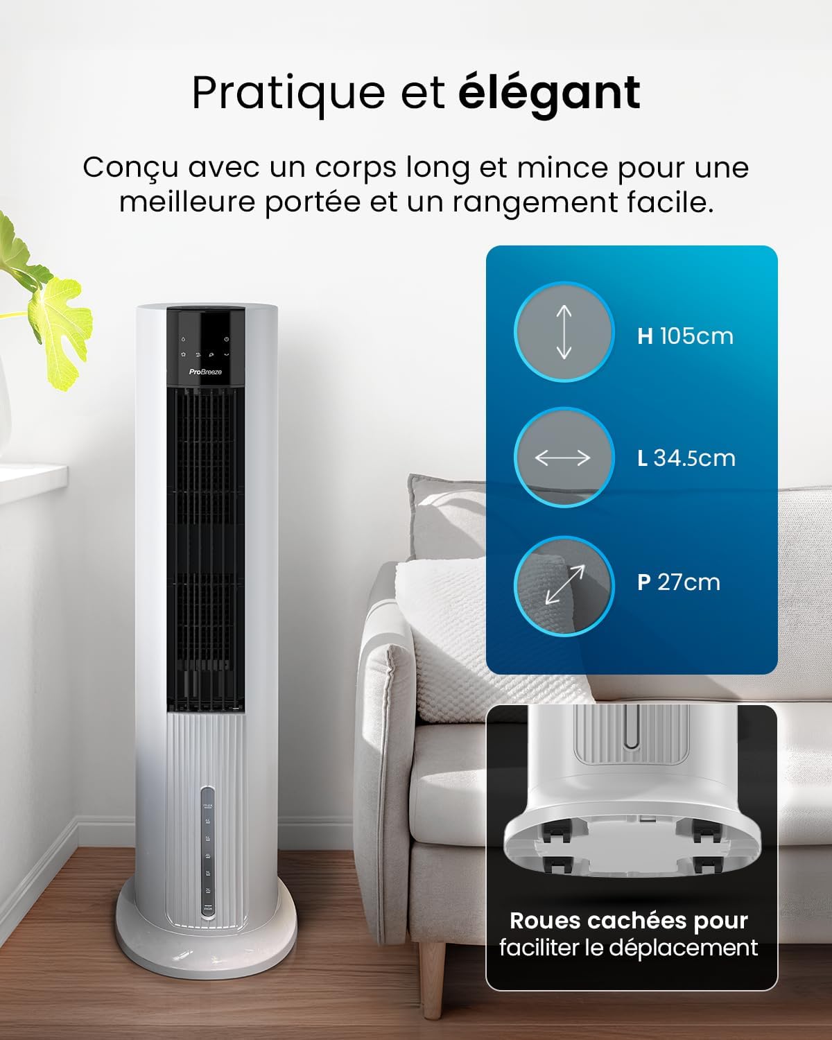 OmniAir Rafraichisseur d’Air 7L 3en1, 7 Vitesses, 3 Modes, Oscillant, Silencieux, Sans Conduit