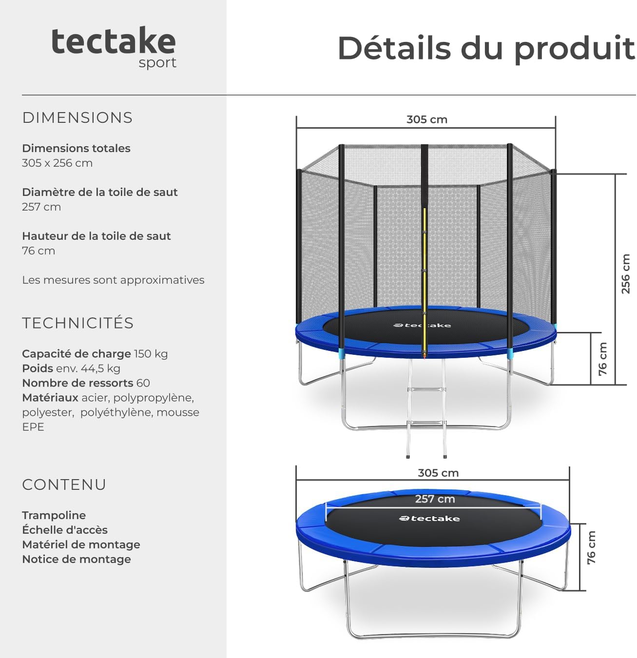 Trampoline de Jardin Extérieur Rond avec Échelle, Filet de Protection & Tour rembourré