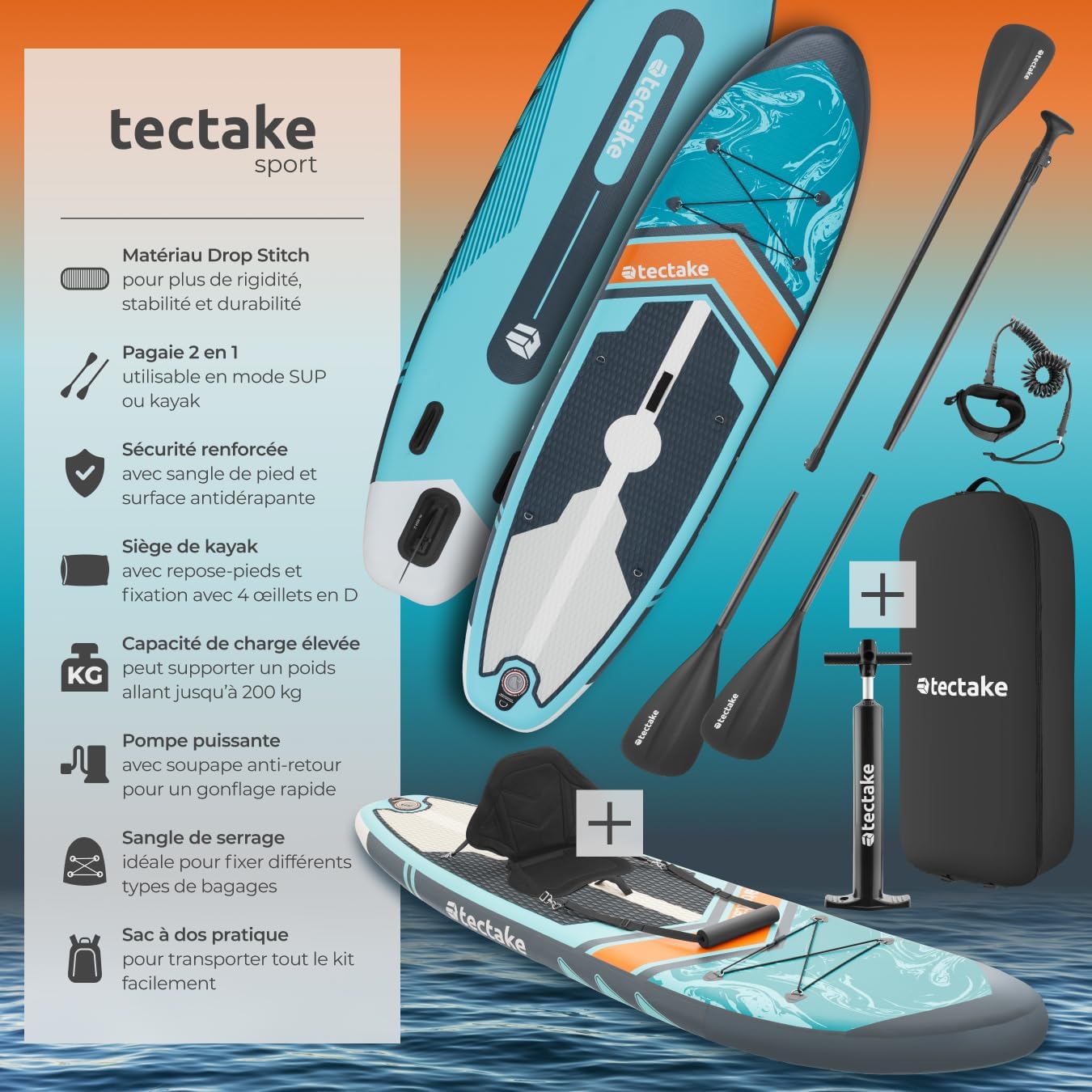 Planche de Stand-up Paddle Gonflable Adulte 2-en-1, Siege Paddle détachable, Pompe, 3 Ailerons